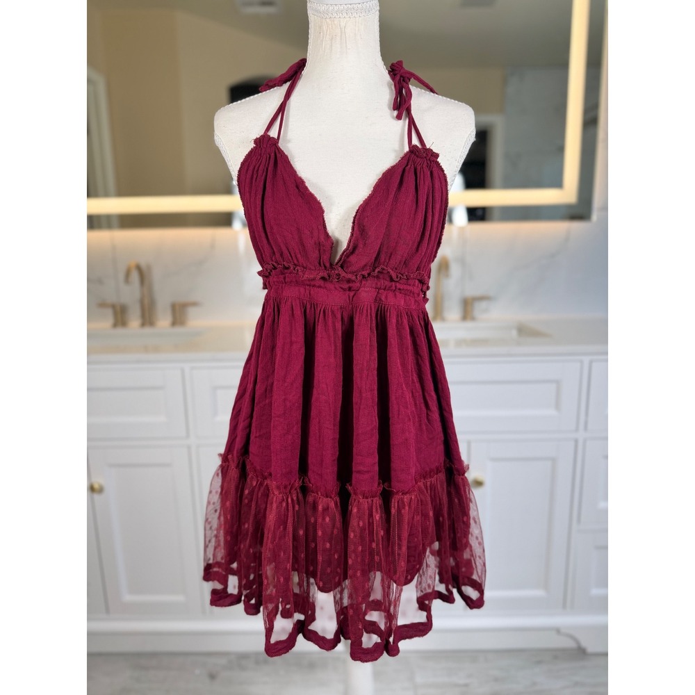 R.Vivimos Halter Mini Dress Womens L Burgundy Deep V Open Back Swiss Dot Boho